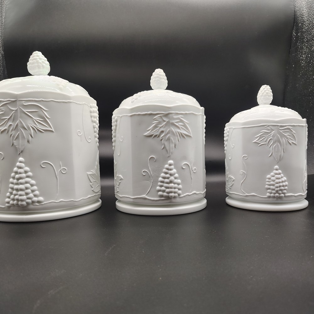 Milk Glass Canister Set with Grape And Leaf Design-Indiana Harvest by Colony